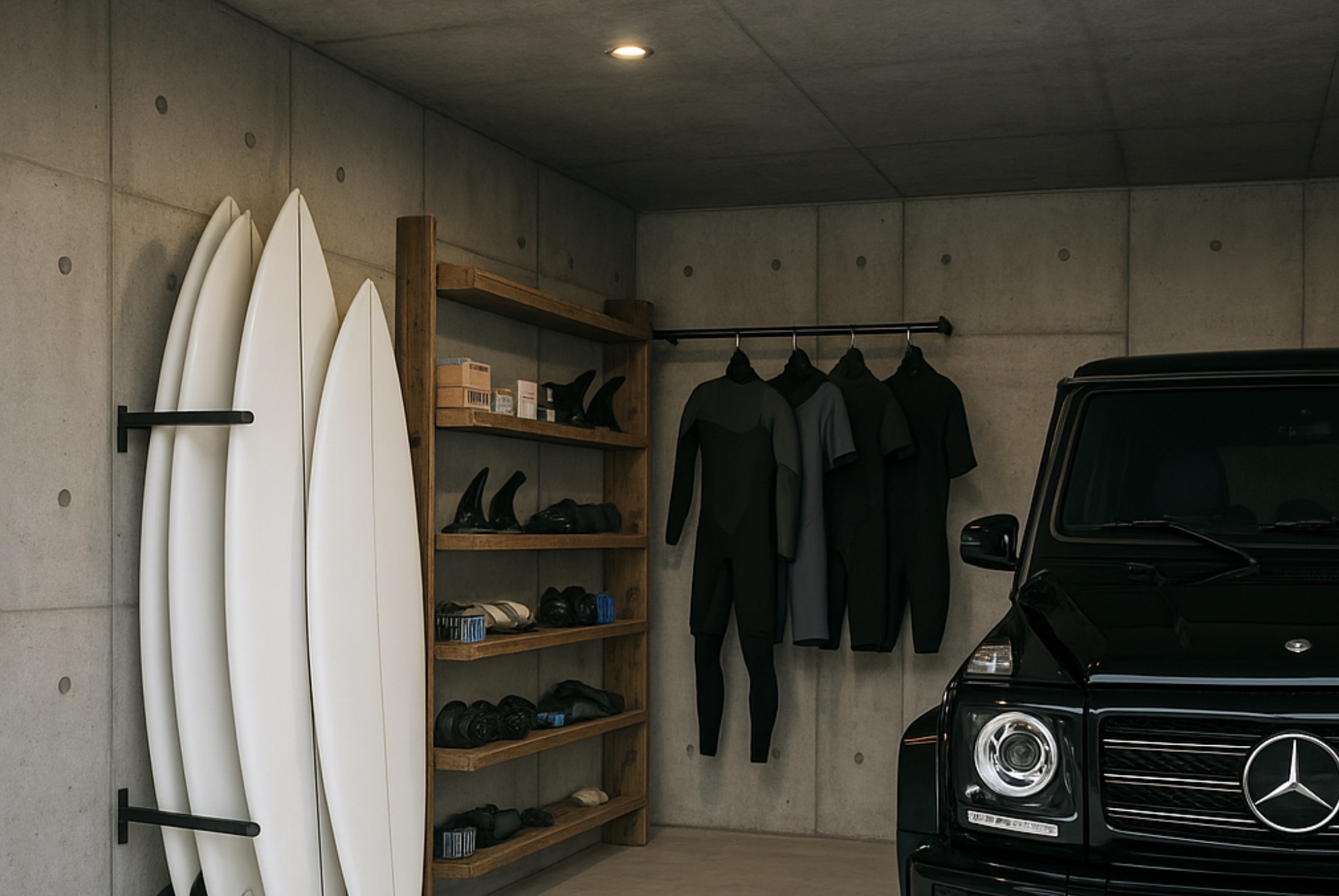 RC打ち放しガレージにサーフボードとギアが美しく並ぶ趣味空間（R-LABEL）